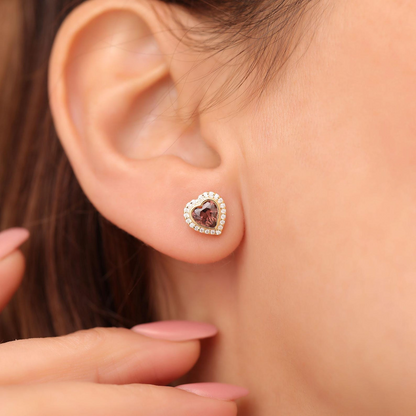 Smoky Quartz Bezel Heart Stud Earrings with Real Diamonds in 10K/14K Solid Gold | Birthstone Jewelry