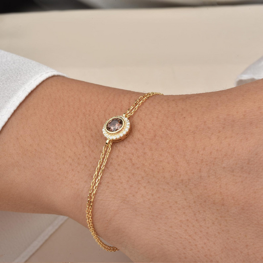 Smoky Quartz Round Bezel Bracelet in 8K/10K/14K Solid Gold with Real Diamonds, Handmade Jewelry