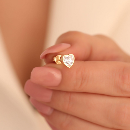 White Topaz Heart Bezel Cut Stud Earrings 10K/14K Solid Gold, April Birthstone Jewelry
