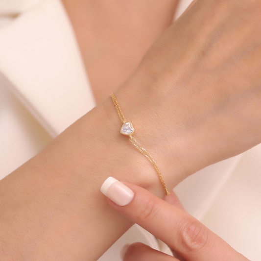 Heart White Topaz Bezel Bracelet in 10K/14K Solid Gold | April Birthstone