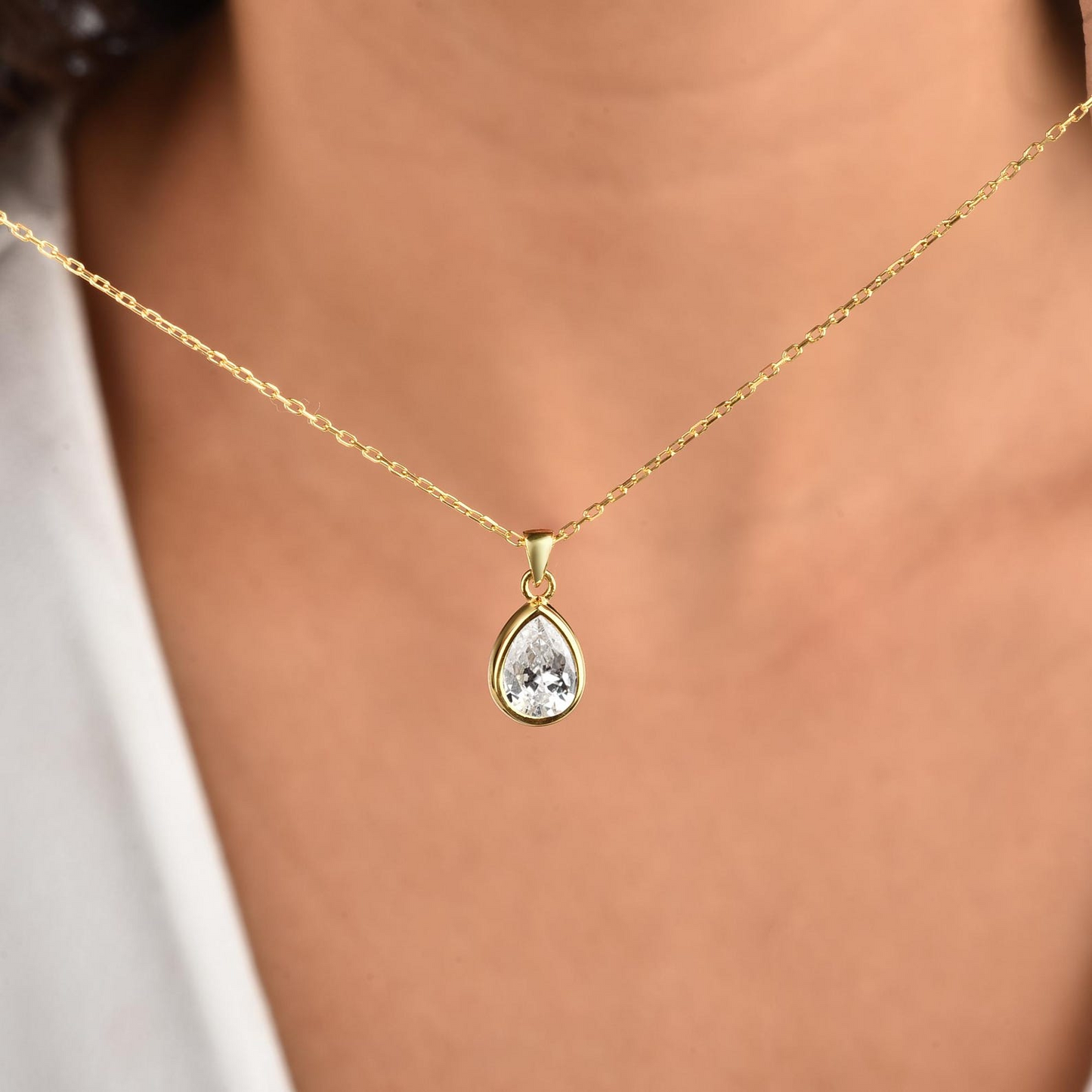 White Topaz Bezel Drop Necklace 10K/14K Solid Gold, April Birthstone Jewelry