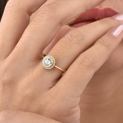White Topaz Round Bezel Ring in 8K/10K/14K Solid Gold with Real Diamonds, April Birthstone Jewelry