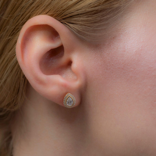 White Topaz Bezel Drop Stud Earrings with Real Diamonds in 8K/10K/14K Solid Gold | April Birthstone Jewelry