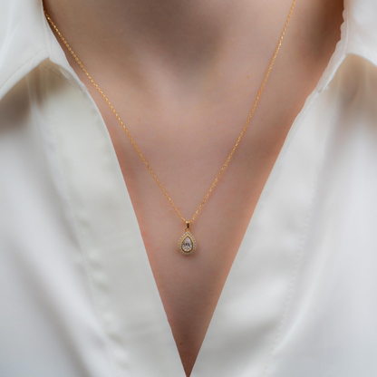 White Topaz Bezel Drop Necklace with Real Diamonds in 8K/10K/14K Solid Gold | April Birthstone Jewelry