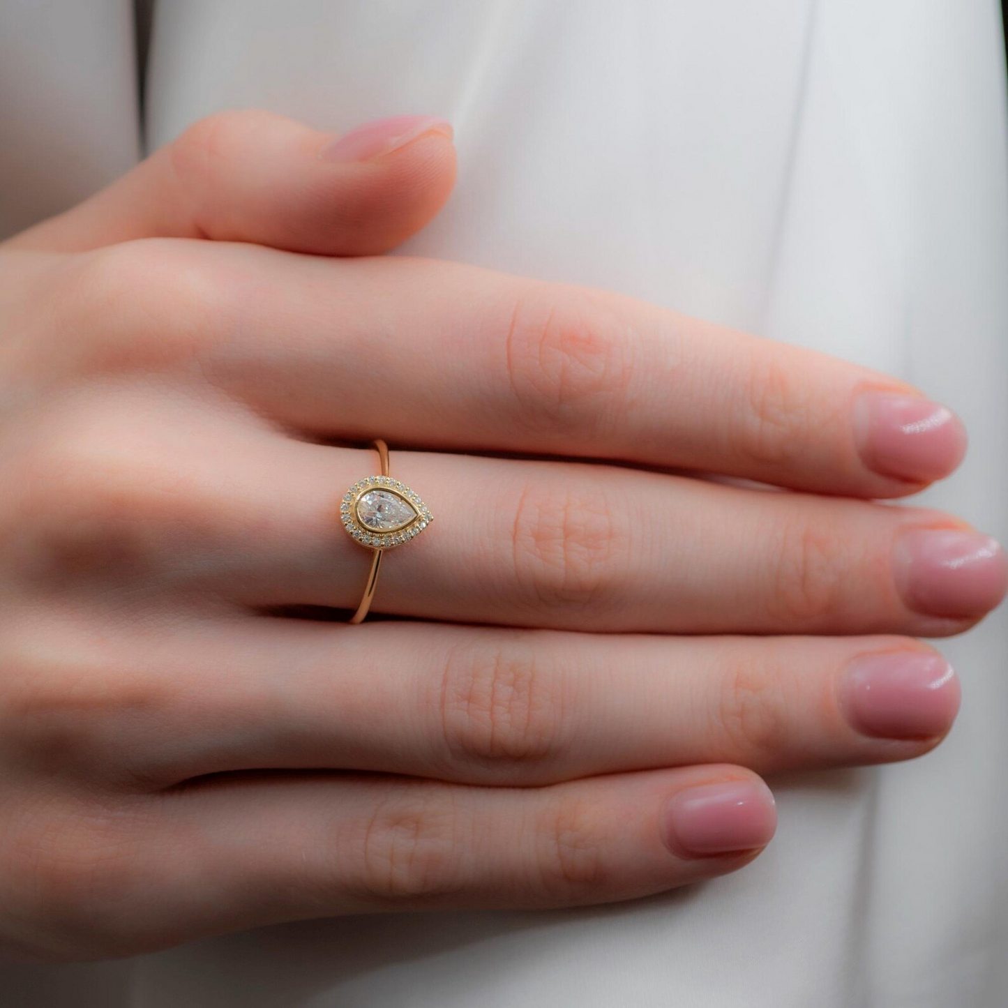 White Topaz Bezel Drop Ring with Real Diamonds in 8K/10K/14K Solid Gold | April Birthstone Jewelry