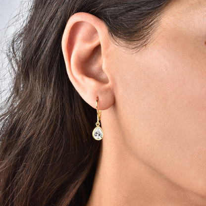 White Topaz Bezel Dangle Drop Earrings in 8K/10K/14K Solid Gold, April Birthstone Jewelry