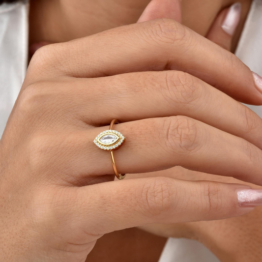 White Topaz Bezel Marquise Ring with Real Diamonds in 8K/10K/14K Solid Gold | April Birthstone Jewelry