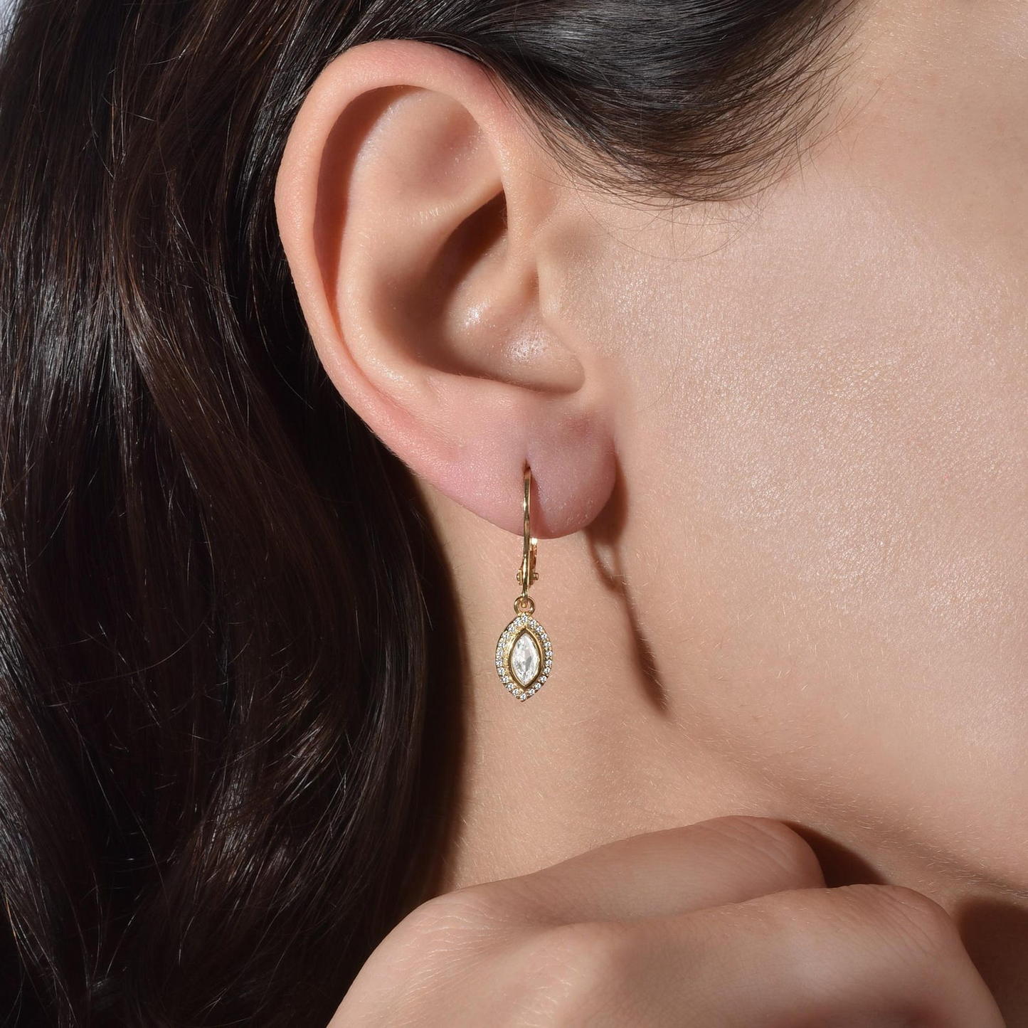 White Topaz Bezel Marquise Dangle Earrings with Real Diamonds in 8K/10K/14K Solid Gold | April Birthstone Jewelry