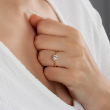 White Topaz Bezel Heart Ring with Real Diamonds Halo in 8K/10K/14K Solid Gold | April Birthstone Jewelry
