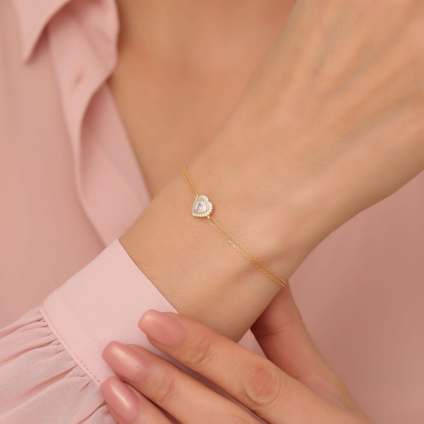 White Topaz Bezel Heart Bracelet with Real Diamonds in 8K/10K/14K Solid Gold | April  Birthstone Jewelry