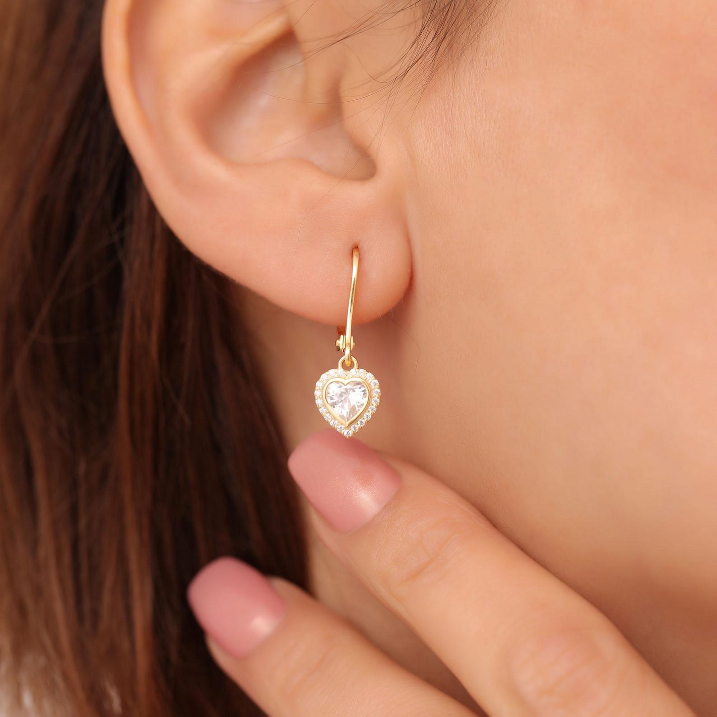 White Topaz Bezel Heart Dangle Earrings with Real Diamonds in 8K/10K/14K Solid Gold | April Birthstone Jewelry