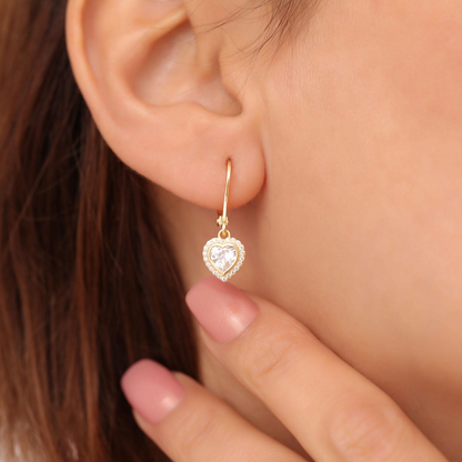 White Topaz Bezel Heart Dangle Earrings with Real Diamonds in 8K/10K/14K Solid Gold | April Birthstone Jewelry