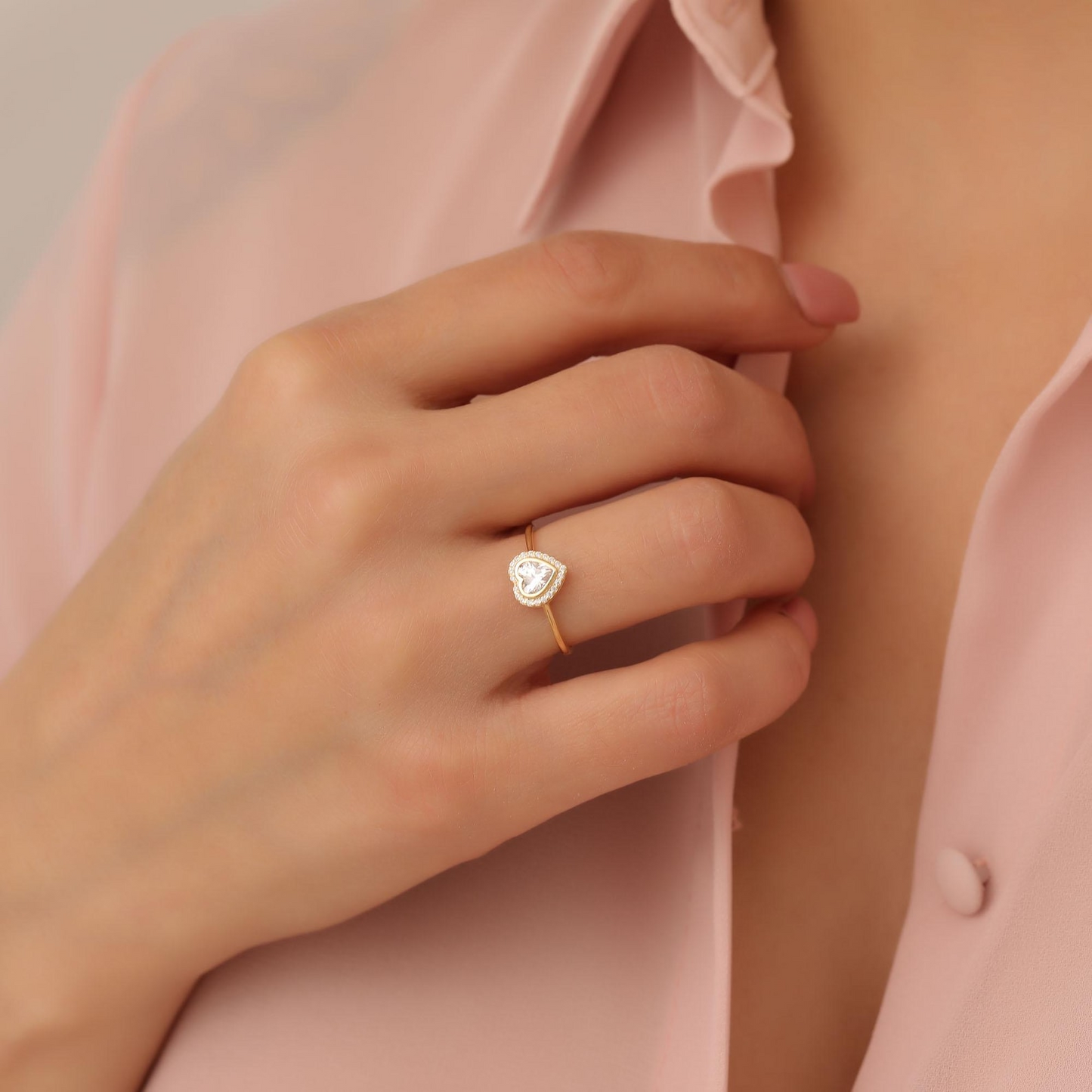 White Topaz Bezel Heart Ring with Real Diamonds in 8K/10K/14K Solid Gold | April Birthstone Jewelry