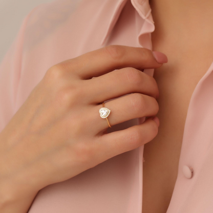 White Topaz Bezel Heart Ring with Real Diamonds in 8K/10K/14K Solid Gold | April Birthstone Jewelry