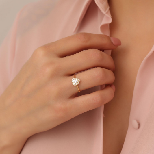 White Topaz Bezel Heart Ring with Real Diamonds in 8K/10K/14K Solid Gold | April Birthstone Jewelry