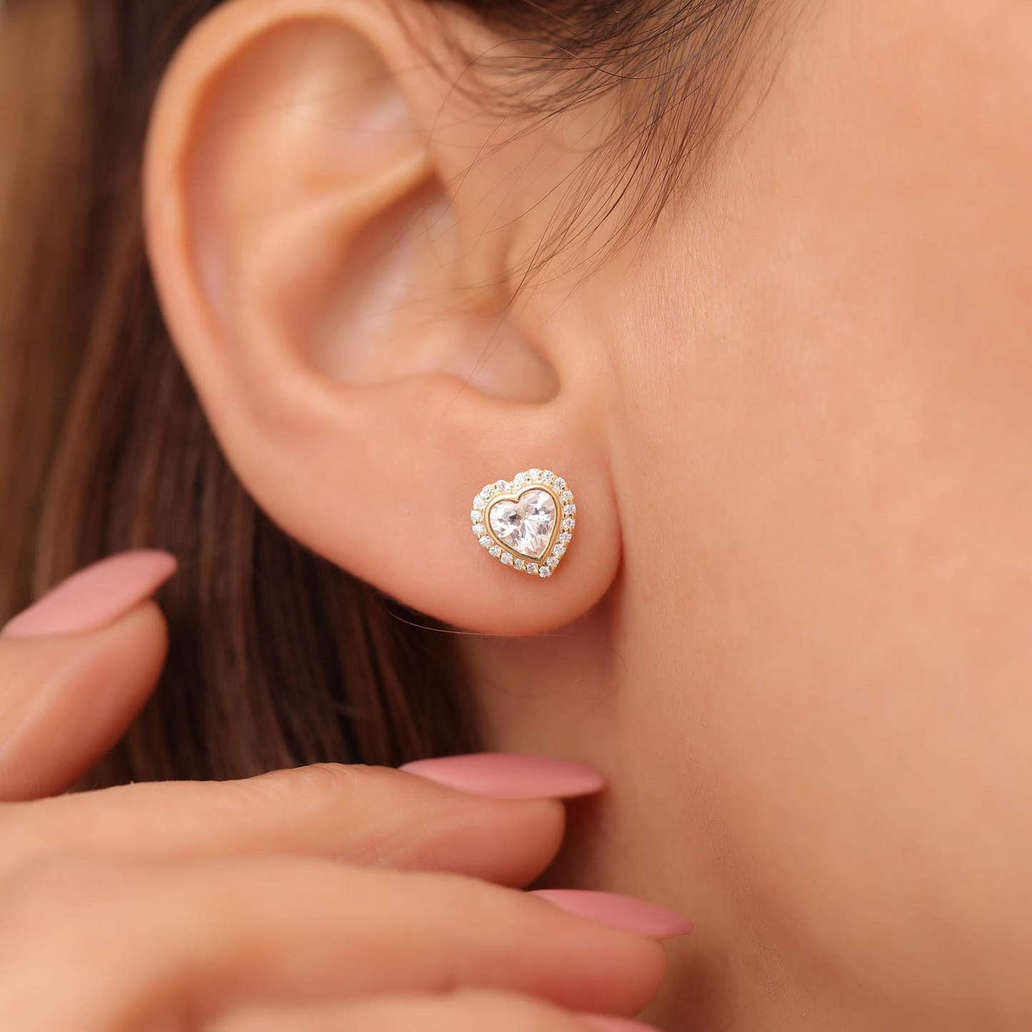 White Topaz Bezel Heart Stud Earrings with Real Diamonds in 10K/14K Solid Gold | April Birthstone Jewelry