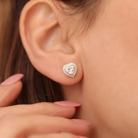White Topaz Bezel Heart Stud Earrings with Real Diamonds in 10K/14K Solid Gold | April Birthstone Jewelry