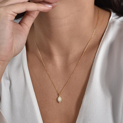 White Topaz Bezel Marquise Necklace with Real Diamonds in 8K/10K/14K Solid Gold | April Birthstone Jewelry