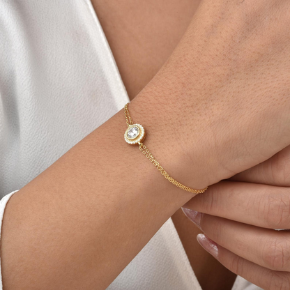 White Topaz Round Bezel Bracelet in 8K/10K/14K Solid Gold with Real Diamonds, April Birthstone Jewelry