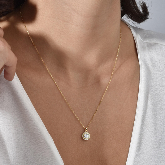 White Topaz Round Bezel Necklace in 8K/10K/14K Solid Gold with Real Diamonds, April Birthstone Jewelry