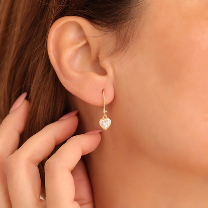 White Topaz Heart Cut Bezel Dangle Earrings, 14K Solid Gold April Birthstone Jewelry