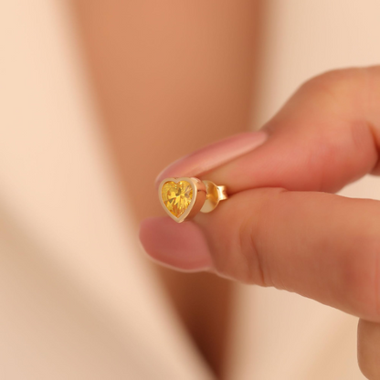 Yellow Topaz Heart Bezel Cut Stud Earrings 10K/14K Solid Gold, Handmade Birthstone Jewelry