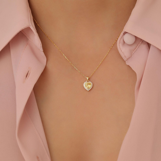 Yellow Topaz Bezel Heart Necklace with Real Diamonds in 8K/10K/14K Solid Gold | November Birthstone Jewelry