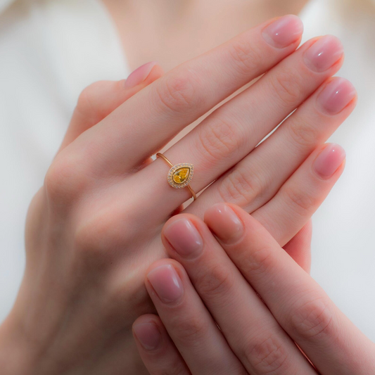 Yellow Topaz Bezel Drop Ring with Real Diamonds in 8K/10K/14K Solid Gold | November Birthstone Jewelry