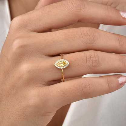 Yellow Topaz Bezel Marquise Ring with Real Diamonds in 8K/10K/14K Solid Gold | November Birthstone Jewelry