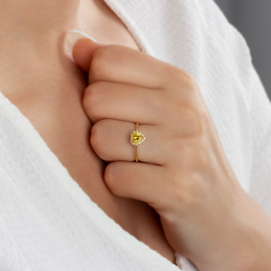 Yellow Topaz Bezel Heart Ring with Real Diamonds Halo in 8K/10K/14K Solid Gold | Birthstone Jewelry
