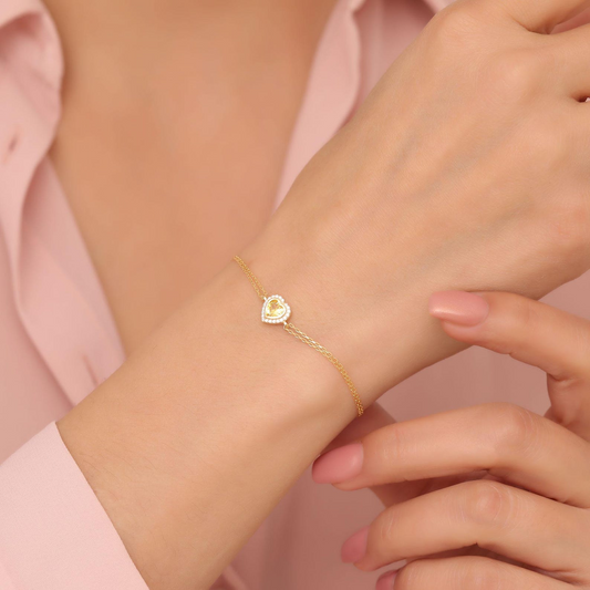 Yellow Topaz Bezel Heart Bracelet with Real Diamonds in 8K/10K/14K Solid Gold | November Birthstone Jewelry