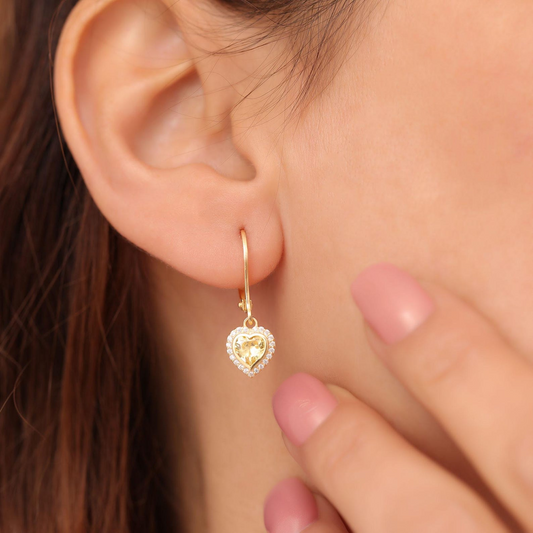Yellow Topaz Bezel Heart Dangle Earrings with Real Diamonds in 8K/10K/14K Solid Gold | November Birthstone Jewelry