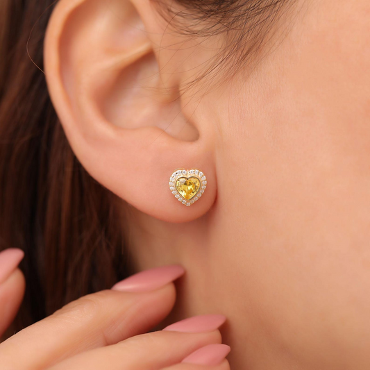 Yellow Topaz Bezel Heart Stud Earrings with Real Diamonds in 10K/14K Solid Gold | November Birthstone Jewelry