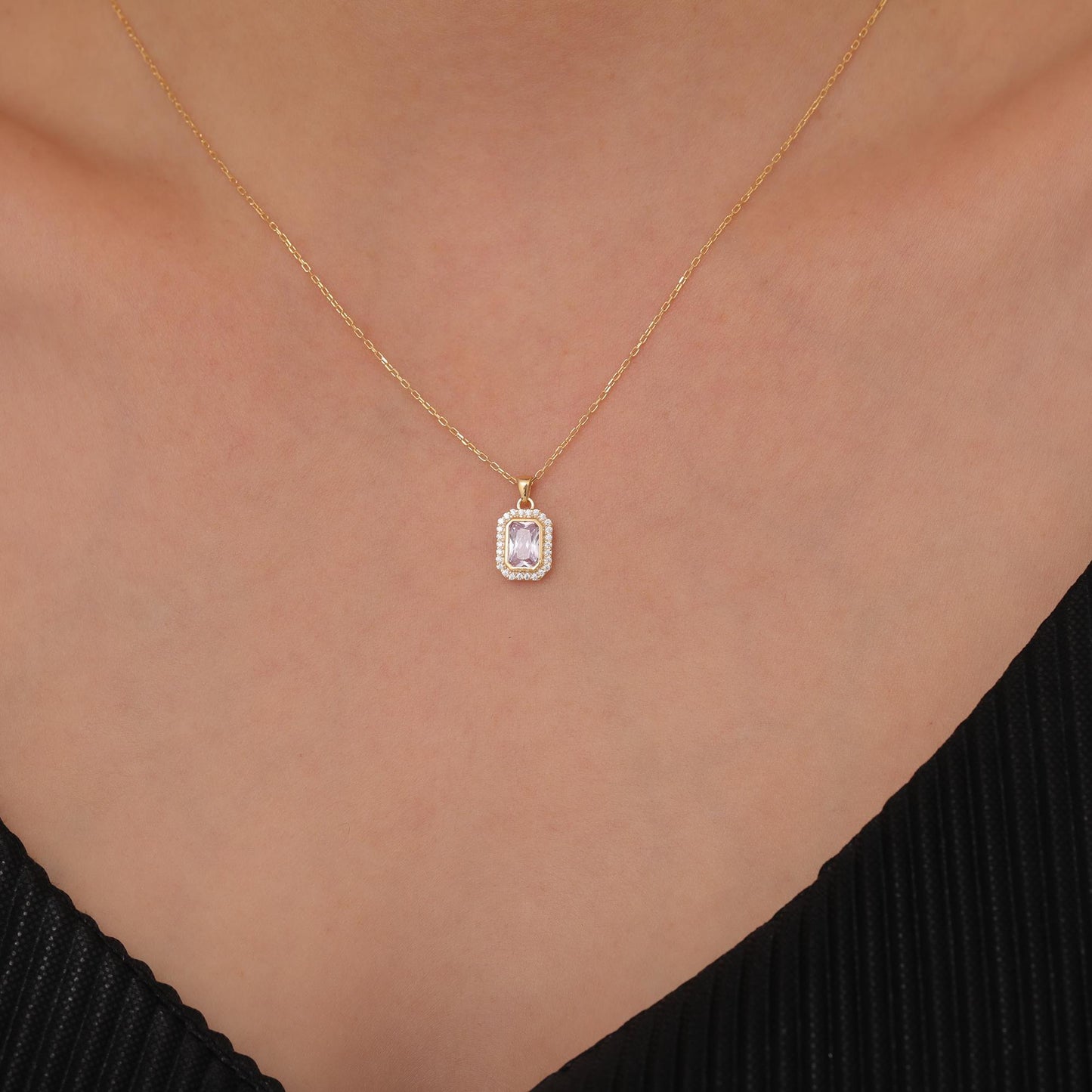 Rectangle Alexandrite Bezel Necklace in 8K/10K/14K Solid Gold Surrounded with Real Diamonds, June Birthstone Jewelry
