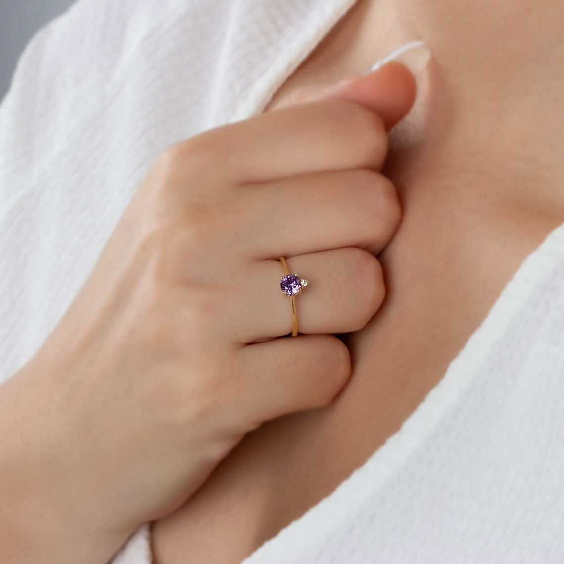 Round Amethyst Ring in 14K Solid Gold with Single Stone Real Diamond, February Birthstone Jewelry