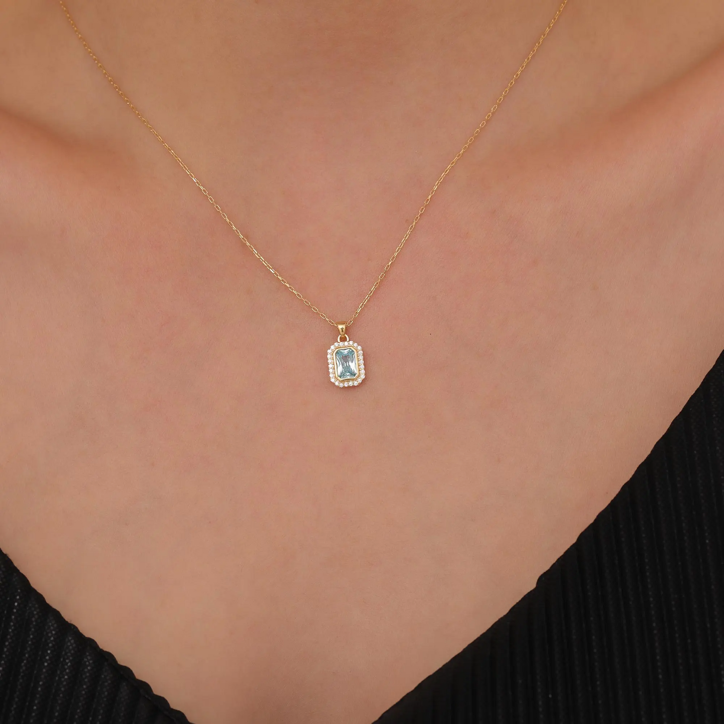 Rectangle Aquamarine Bezel Necklace in 8K/10K/14K Solid Gold Surrounded with Real Diamonds, March Birthstone Jewelry