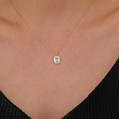 Rectangle Aquamarine Bezel Necklace in 8K/10K/14K Solid Gold Surrounded with Real Diamonds, March Birthstone Jewelry