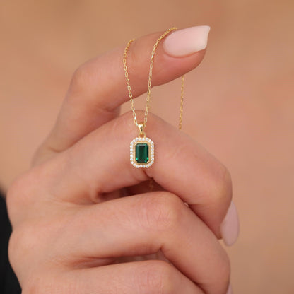 Rectangle Emerald Bezel Necklace in 8K/10K/14K Solid Gold Surrounded with Real Diamonds, May Birthstone Jewelry