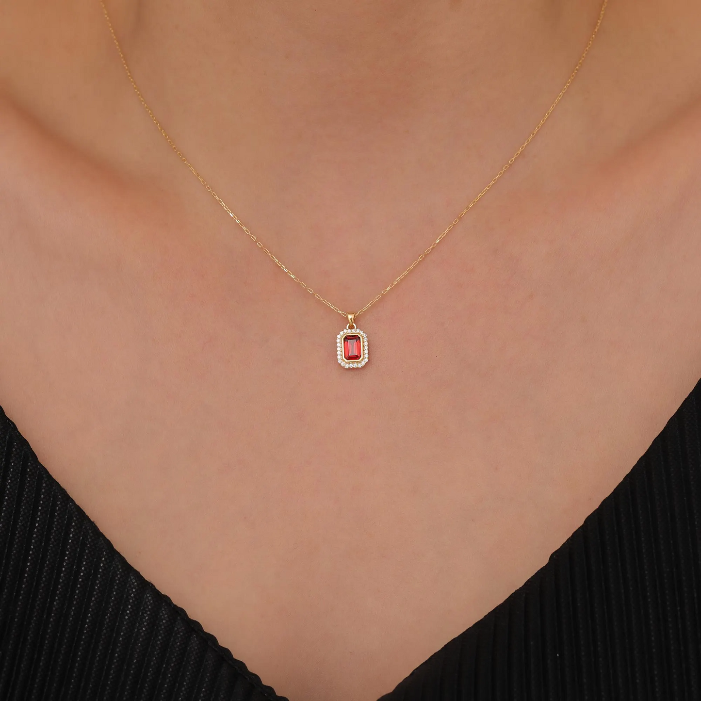 Rectangle Garnet Bezel Necklace in 8K/10K/14K Solid Gold Surrounded with Real Diamonds, January Birthstone Jewelry