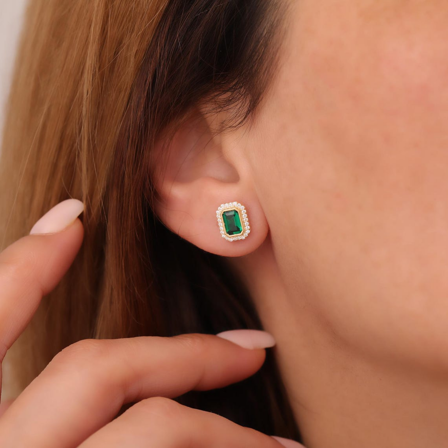 Rectangle Emerald Bezel Stud Earrings in 10K/14K Solid Gold Surrounded with Real Diamonds, May Birthstone Jewelry