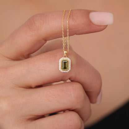 Rectangle Peridot Bezel Necklace in 8K/10K/14K Solid Gold Surrounded with Real Diamonds, August Birthstone Jewelry
