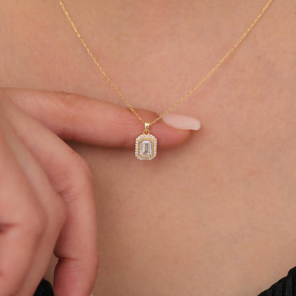Rectangle White Topaz Bezel Necklace in 8K/10K/14K Solid Gold Surrounded with Real Diamonds, April Birthstone Jewelry