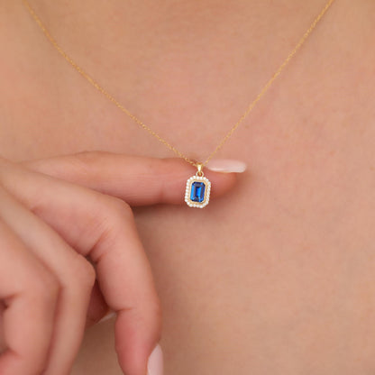 Rectangle Sapphire Bezel Necklace in 8K/10K/14K Solid Gold Surrounded with Real Diamonds, September Birthstone Jewelry