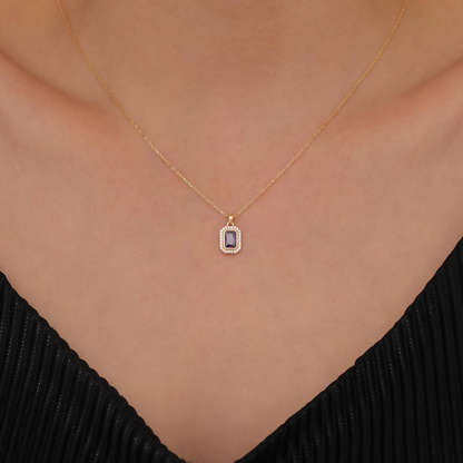 Rectangle Amethyst Bezel Necklace in 8K/10K/14K Solid Gold Surrounded with Real Diamonds, February Birthstone Jewelry