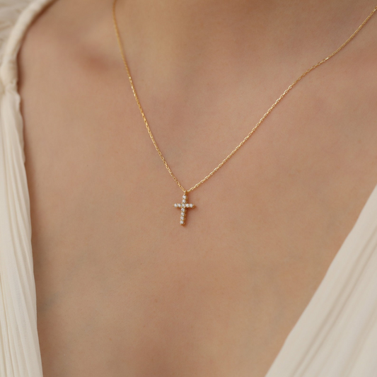 Cross Necklace with Real Diamonds in 8K/10K/14K Solid Gold, Handcrafted Religious Jewelry