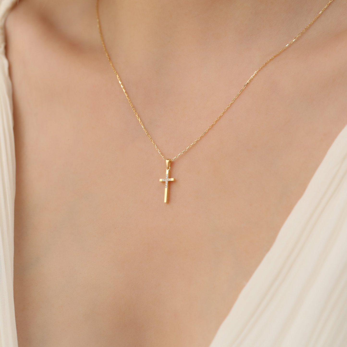 Cross Necklace with Real Diamonds in 14K Solid Gold, Handmade Faith Jewelry