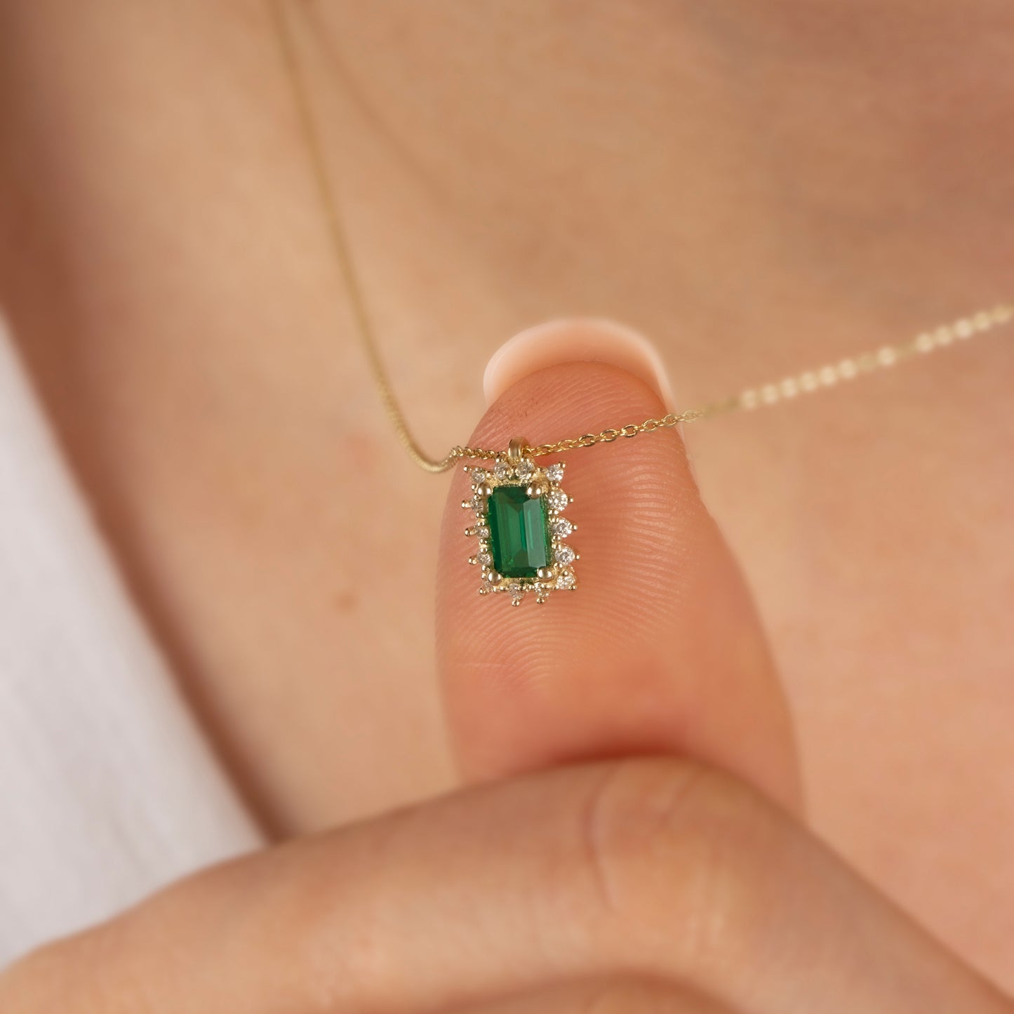 Rectangle Emerald Necklace with Real Diamond 14K Solid Gold, May Birthstone