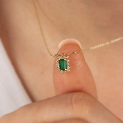 Rectangle Emerald Necklace with Real Diamond 14K Solid Gold, May Birthstone