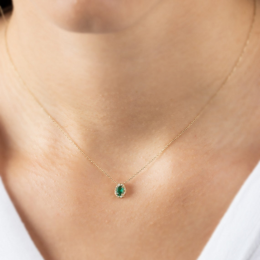 Oval Cut Emerald Necklace with Real Diamonds in 8K/10K/14K Solid Gold, May Birthstone Pendant