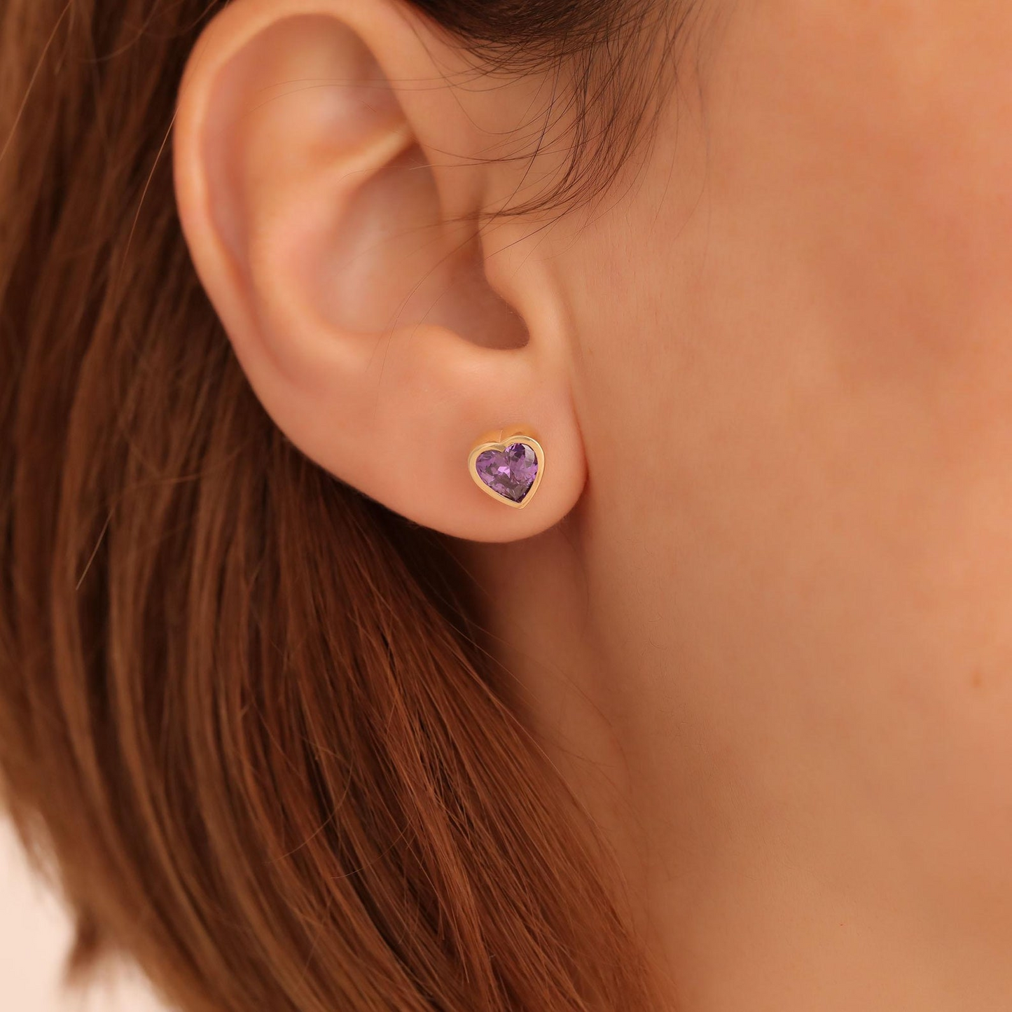 Amethyst Heart Bezel Stud Earrings 10K/14K Solid Gold, February Birthstone Jewelry